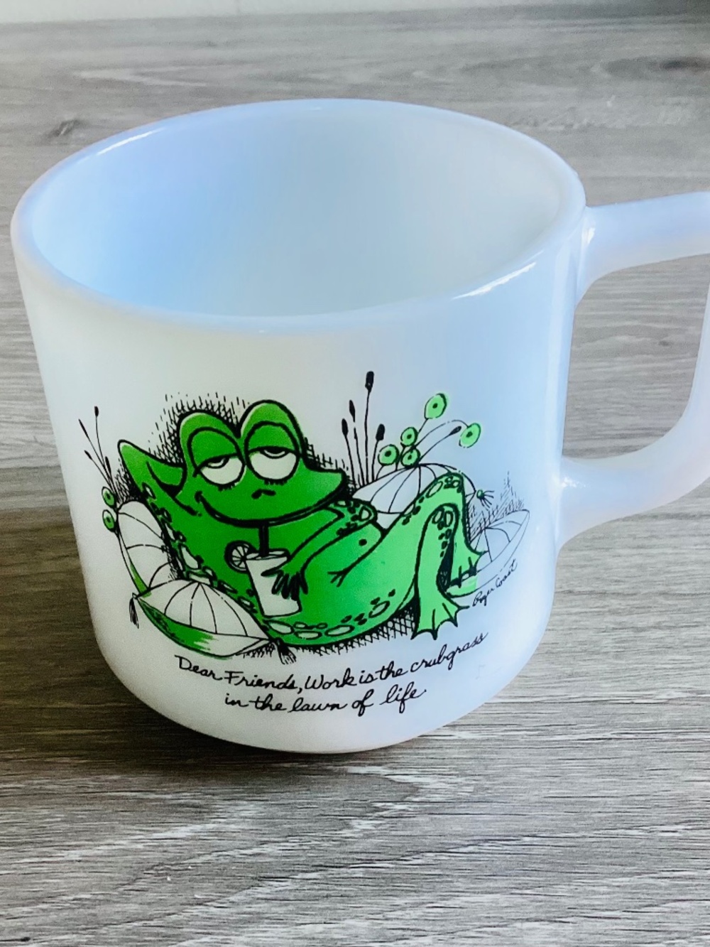Vtg Roger Coast Frog Art Mug Milk Glass Funny Gift Work Is A Crabgrass Of Life